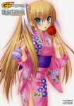  apple aqua_eyes blonde_hair blush candy_apple floral_print food fruit hair_ornament japanese_clothes kimono little_busters! long_hair na-ga ribbon scan solo tokido_saya twintails very_long_hair water_yoyo 