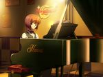  bangs bar bench bob_cut bow bowtie brown_eyes brown_hair checkered checkered_floor crossdressing english formal game_cg getsuyoutei_nite glasses grand_piano high_collar indoors instrument kurosaki light_smile looking_at_viewer mizushima_hitomi music pants perspective piano piano_bench playing_instrument rimless_eyewear romaji sheet_music shirt sitting smile solo tile_floor tile_wall tiles vest yarukibako 