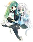  animal_ears copyright_request feet green_eyes green_hair hands himehi holding_hands lowres multiple_girls red_eyes school_uniform thighhighs white_hair 