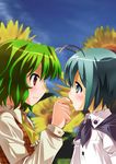  antennae ascot cape finger_licking flower green_eyes green_hair kazami_yuuka licking multiple_girls plaid plaid_vest red_eyes saliva short_hair sunflower touhou umekichi vest wriggle_nightbug yuri 