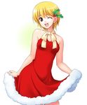  atsukan blonde_hair christmas copyright_request dress hair_ornament holly holly_hair_ornament one_eye_closed open_mouth ribbon santa_costume short_hair solo 