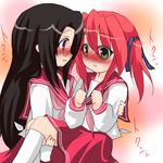  black_hair blush buuwa carrying glasses green_eyes kobayakawa_yutaka long_hair looking_at_another lowres lucky_star multiple_girls open_mouth pink_neckwear princess_carry red_eyes red_hair ryouou_school_uniform school_uniform serafuku short_twintails skirt tamura_hiyori twintails yuri 