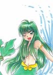  ;d armlet bikini_top green_eyes green_hair hand_on_hip highres jewelry long_hair maachu mermaid mermaid_melody_pichi_pichi_pitch midriff monster_girl one_eye_closed open_mouth pendant shell smile solo tail_ring touin_rina traditional_media white_background 