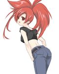  asuna_(pokemon) babydoll_t-shirt bad_id bad_pixiv_id belt crop_top denim gym_leader jeans looking_back midriff pants pokemon pokemon_(game) pokemon_rse red_eyes red_hair saotome_minami shirt simple_background smile solo t-shirt twintails white_background 