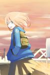  bag blue_eyes hand_in_pocket looking_back original pink_hair skirt solo takagi_(tansuke) tansuke 