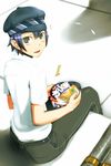  androgynous blue_eyes blue_hair cabbie_hat chopsticks cup_ramen em food from_above from_behind hat looking_back persona persona_4 reverse_trap shadow shirogane_naoto short_hair solo 