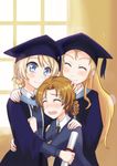  assam black_neckwear blonde_hair blue_eyes blue_sweater blush darjeeling diploma dress_shirt girls_und_panzer graduation hair_slicked_back hat long_hair mortarboard multiple_girls necktie nekopan_(neko-blr) open_mouth orange_pekoe school_uniform shirt st._gloriana's_school_uniform sweater tears uniform v-neck white_shirt 