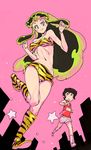  1girl :&gt; animal_print bare_shoulders bikini boots chikuwa_(tks) from_below full_body green_hair long_hair looking_down lum moroboshi_ataru oekaki pink_background running star swimsuit tiger_print urusei_yatsura 