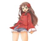  arima_miyako bow brown_hair chinese_clothes cutoffs denim denim_shorts flat_chest green_eyes hair_bow highres long_hair melty_blood shorts smile solo tangzhuang tsukihime warumono_tomii 