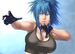  bare_shoulders black_gloves blue_eyes blue_hair breasts cleavage crop_top fighting_stance gaia gloves huge_breasts leona_heidern lips ponytail solo tank_top the_king_of_fighters 