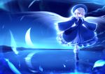  blue blue_dress blue_eyes boots cloud commentary crescent_moon dress feathers highres lake moon night original reflection ribbon sky solo splashing standing standing_on_liquid star_(sky) tsubasa_(abchipika) white_hair wings 