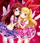  ;) aikatsu! aikatsu!_(series) bad_id bad_pixiv_id bare_shoulders blonde_hair blush brown_hair bug butterfly hair_ribbon holding_hands hoshimiya_ichigo insect long_hair looking_at_viewer midriff multiple_girls navel one_eye_closed open_mouth purple_eyes red_eyes ribbon shibuki_ran skirt smile thighhighs yuu_(derodero) 