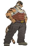  anthro belt biceps black_fur black_hair body_markings clenched_fist clothing dandoo feline footwear fur green_eyes grin hair male mammal markings muscles orange_fur pants pecs pink_nose plain_background pose shirt shoes smile solo standing striped_fur stripes tan_fur tank_top tiger toned vest white_background white_fur 