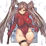  breasts brown_eyes c.cu covered_nipples final_fantasy final_fantasy_tactics head_wings highleg highleg_leotard large_breasts leotard long_hair plump puffy_nipples red_leotard silver_hair solo sword thighs twintails ultima_(fft) weapon wide_hips wings 