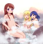  aikatsu! aikatsu!_(series) blonde_hair blue_eyes blue_hair blush brown_hair censored closed_eyes hoshimiya_ichigo kiriya_aoi long_hair looking_at_viewer multiple_girls navel niizuka_(c-drop) nude one_eye_closed onsen open_mouth purple_eyes shibuki_ran sitting smile steam 