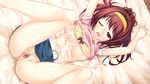  aftersex bed bra_lift breasts brown_hair censored cum_on_body game_cg lovesick_puppies nipples panties_aside rozen5 used_condom 