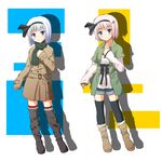  alternate_costume alternate_hair_color blue_eyes blush bob_cut boots casual coat collarbone contemporary drop_shadow dual_persona fashion full_body hair_ornament hair_ribbon hairclip hand_on_own_chest highres konpaku_youmu long_sleeves looking_at_viewer matsumoto_aya multiple_views open_clothes open_shirt pink_hair ribbon sash scarf shadow shirt short_hair shorts simple_background sleeves_past_wrists smile striped striped_background thighhighs touhou variations white_background white_hair 