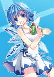  alternate_color alternate_hairstyle bare_arms blue_eyes blue_hair blush cirno collarbone dress grin hair_ornament hair_ribbon hairclip ice ice_wings looking_at_viewer ribbon sleeveless sleeveless_dress smile solo touhou twintails water_gun white_dress wings yui_(daijun) 