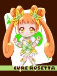  ace ace_of_clubs asahi_haru boots bow brown_background brown_hair card chibi choker clenched_hands club_(shape) cure_rosetta dokidoki!_precure double_bun earrings eyelashes flower full_body green_choker hair_flower hair_ornament hair_ribbon jewelry knee_boots long_hair magical_girl playing_card precure ribbon skirt smile solo twintails wrist_cuffs yellow_eyes yotsuba_alice 