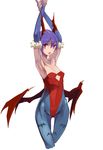  animal_print armpits arms_up bare_shoulders bat_print bat_wings breasts bridal_gauntlets demon_girl elbow_gloves gloves head_wings highres leotard lilith_aensland looking_at_viewer open_mouth pantyhose print_legwear purple_hair red_eyes red_leotard shimadoriru short_hair small_breasts solo succubus tongue tongue_out vampire_(game) wings 