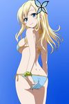  adjusting_clothes adjusting_swimsuit artist_request back bikini blonde_hair blue_background blue_bikini blue_eyes boku_wa_tomodachi_ga_sukunai breasts bug butterfly butterfly_hair_ornament gradient gradient_background hair_ornament insect kashiwazaki_sena large_breasts long_hair looking_back smile solo swimsuit 