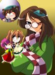  ;3 ^_^ alcohol animal_ears apron bell brown_eyes brown_hair character_name chibi closed_eyes clothes_writing dual_persona futatsuiwa_mamizou futatsuiwa_mamizou_(human) glasses hair_bell hair_ornament hieda_no_akyuu japanese_clothes kieyza kimono leaf leaf_on_head motoori_kosuzu multiple_girls one_eye_closed open_mouth orange_hair purple_eyes purple_hair raccoon_ears sake scarf smile speech_bubble touhou twintails 