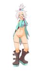  absurdres blue_eyes boots dress dress_lift fang gym_leader hair_bobbles hair_ornament highres homika_(pokemon) panties panty_pull platform_footwear pokemon pokemon_(game) pokemon_bw2 short_dress short_hair smile solo striped striped_dress topknot underwear warumono_tomii white_hair 