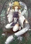  adapted_costume bad_id bad_pixiv_id blonde_hair cibo_(killy) clog_sandals detached_sleeves embellished_costume flower forest hat highres looking_at_viewer mishaguji moriya_suwako mouth_hold nature sandals snake solo squatting thighhighs touhou tree_branch white_legwear yellow_eyes 
