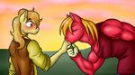  anthro anthrofied biceps big_macintosh_(mlp) blonde_hair blush braeburn_(mlp) clothing cloud couple duo eyes_closed friendship_is_magic green_eyes hair hasana-chan incest kissing male muscles my_little_pony outside romantic sky sunset 