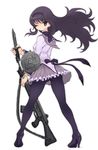  akemi_homura amulet ass assault_rifle bayonet black_legwear boots bow floating_hair gun hairband high_heels highres howa_type_89 legs_apart long_hair looking_back magical_girl mahou_shoujo_madoka_magica one_eye_closed pantyhose purple_eyes purple_hair ribbon rifle shield shoes skirt sling thigh_boots thighhighs toshi_(little-fluffy-cloud) weapon 