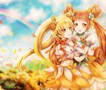  ai_(creamcaramel) blonde_hair bow brown_hair choker color_connection cure_rosetta cure_sunshine dokidoki!_precure double_bun flower green_choker hair_flower hair_ornament hair_ribbon heartcatch_precure! hug long_hair magical_girl midriff multiple_girls myoudouin_itsuki orange_bow precure rainbow ribbon ribbon_choker skirt smile twintails yellow_eyes yotsuba_alice 