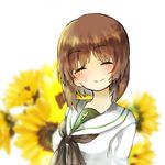  agase blurry blush brown_hair closed_eyes depth_of_field flower girls_und_panzer nishizumi_miho ooarai_school_uniform school_uniform short_hair smile solo sunflower 