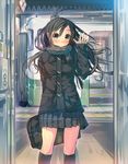  bag black_hair black_legwear blush brown_eyes coat daito ground_vehicle long_hair looking_at_viewer miniskirt original plaid plaid_scarf pleated_skirt scarf school_bag school_uniform skirt solo train waving 