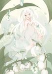  bare_shoulders blurry blush character_name copyright_name depth_of_field dress english flat_chest flower full_body green_eyes leaf long_hair looking_at_viewer mia0309 minigirl open_mouth pixiv_fantasia pixiv_fantasia_new_world plant see-through sitting solo very_long_hair water white_dress white_hair 