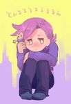  1boy blush doll footwear freckles jojo_no_kimyou_na_bouken male male_focus pants purple_background purple_hair simple_background sitting socks solo sub_colt sweater vinegar_doppio yellow_background yellow_eyes 