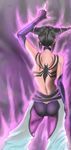  absurdres ass back black_hair breasts contrapposto detached_sleeves drill_hair fingerless_gloves gloves halter_top halterneck han_juri highres medium_breasts middle_finger nail_polish sideboob solo standing street_fighter street_fighter_iv_(series) tattoo topless twin_drills yjayr 