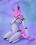  anthro arm_support big_ears breasts female fur hyena kneeling looking_at_viewer machine mammal mechanical nipples nude paws pink_fur pink_nipples pink_nose pose robot simple_background sine sine_(character) skepsisfox solo white_body 