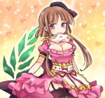  1girl :3 apron argyle argyle_background bangs black_hat black_legwear blunt_bangs blush breasts brown_hair cleavage cowboy_shot dress eyebrows_visible_through_hair garter_straps gradient gradient_background hat heart large_breasts looking_at_viewer mouth_hold myouga_(plant) nishida_satono orange_background pink_dress pote_(ptkan) puffy_short_sleeves puffy_sleeves purple_eyes red_ribbon ribbon short_hair_with_long_locks short_sleeves sidelocks smile solo sweatdrop thighhighs touhou yellow_background 