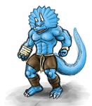  anthro bandage belt biceps big_muscles black_eyes blue_skin claws clothing dinosaur extreme_dinosaurs fangs fb1907 flexing horn male muscles open_mouth pecs plain_background pose reptile scales scalie shorts sketch solo spike_(extreme_dinosaurs) standing teeth toe_claws toned tongue topless white_background 