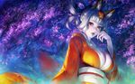  animal_ears bangs blunt_bangs breasts cherry_blossoms cleavage finger_to_mouth fingernails fox_ears hair_ornament hair_rings highres japanese_clothes kimono kongiku large_breasts leaf leaf_on_head lips long_hair looking_at_viewer oboro_muramasa parted_lips red_eyes short_hair silver_hair simosi smile solo upper_body wallpaper 