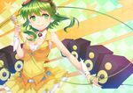  bare_shoulders breasts cleavage goggles goggles_on_head green_eyes green_hair gumi headphones kail medium_breasts microphone navel skirt smile solo speaker star symbol-shaped_pupils vocaloid wrist_cuffs 