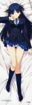  absurdres ass_visible_through_thighs black_legwear blue_hair blue_neckwear blue_skirt copyright_name dakimakura from_above full_body green_eyes highres huge_filesize kneehighs long_hair looking_at_viewer lying nakamura_takeshi necktie on_back panties pillow pleated_skirt school_uniform skirt solo touma_kazusa underwear white_album_2 white_panties 