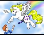  balloon blonde_hair blue_eyes blue_shirt blush clothing cutie_mark danny_williams dialog dildo duo equine female flying freckles g1 hair horse human invalid_tag light_skin male mammal my_little_pony my_little_pony_'n_friends pegasus pony purple_eyes rainbow red_hair sex_toy shirt sky strapon surprise_(mlp) text unknown_artist white_body wings young 