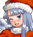  ;d blue_eyes copyright_request finger_to_mouth fur_trim gloves hat long_hair looking_at_viewer lowres maruchiro one_eye_closed open_mouth red_hat santa_costume santa_hat smile solo upper_body 