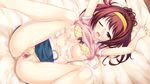  1girl aftersex bed bra bra_lift breasts brown_hair censored condom cum cum_on_body game_cg highres hoshina_yuki hoshina_yuuki_(lovesick_puppies) lovesick_puppies nipples panties panties_aside rozen5 solo underwear used_condom 