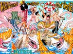  1girl 5boys abs black_hair boat border boxers bracelet brook copyright_name cover fork green_hair hammerhead hard_translated hat innertube jewelry knife long_hair monkey_d_luffy multiple_boys muscle nami nami_(one_piece) oar octopus oda_eiichirou official_art one_piece orange_hair outdoors pinch pinching polka_dot reindeer roronoa_zoro scan scenery see-through shark shirt skeleton straw_hat striped striped_boxers striped_underwear suspenders sword title_drop tony_tony_chopper topless translated underwear usopp water weapon wet wet_clothes wet_shirt x_(symbol) 