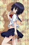  ass bad_id bad_pixiv_id black_hair green_eyes nazo_no_kanojo_x no_panties saliva saliva_trail school_uniform scissors serafuku short_hair skirt solo tsukikage_nemu urabe_mikoto 