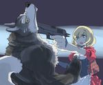  ??? biceps black_nose blonde_hair blue_eyes canine chun clothing dress female gun hair handgun human little_red_riding_hood m1911 male mammal open_mouth ranged_weapon sweat topless weapon wolf yellow_eyes 