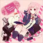  backpack bad_id bad_pixiv_id bag black_legwear chino_(rewrite310) controller danganronpa flipped_hair game_console game_controller gamepad hair_ornament hairclip handheld_game_console hood hoodie monomi_(danganronpa) nanami_chiaki nintendo_ds pink_eyes pink_hair playstation_portable school_uniform skirt super_danganronpa_2 thighhighs 