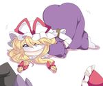  arms_behind_back ass bad_id bad_pixiv_id bdsm blindfold blonde_hair blush bondage bound bound_wrists bow dress elbow_gloves gloves hair_bow hair_ribbon hakurei_reimu hammer_(sunset_beach) hat kirisame_marisa long_hair multiple_girls pantyhose peeking purple_dress purple_eyes ribbon rope simple_background top-down_bottom-up touhou white_background white_gloves white_legwear yakumo_yukari 